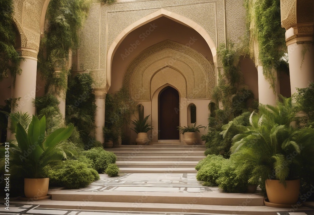 Fototapeta premium Islamic Arch with Dome and Plants in Green and Gold