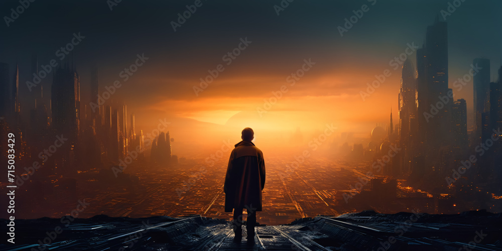 a lonely man looks at a dystopian futuristic city