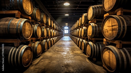 Whiskey, bourbon, scotch, wine barrels in an barrique warehouse, copy space, 16:9