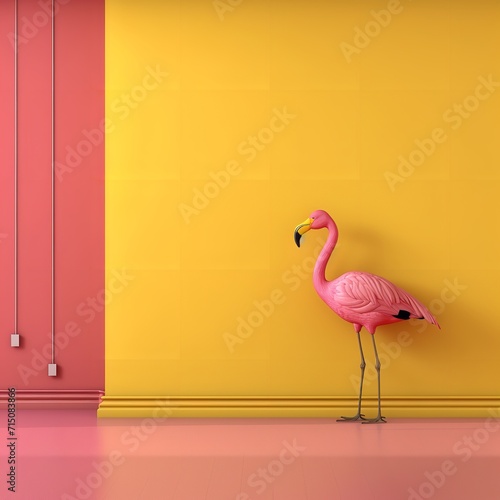 Pink Flamingo in the Corner of Empty Yellow Wall