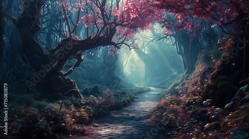 A mystical road winding through a vibrant, enchanted forest, bathed in soft, ethereal light. The road beckons towards unknown adventures photo