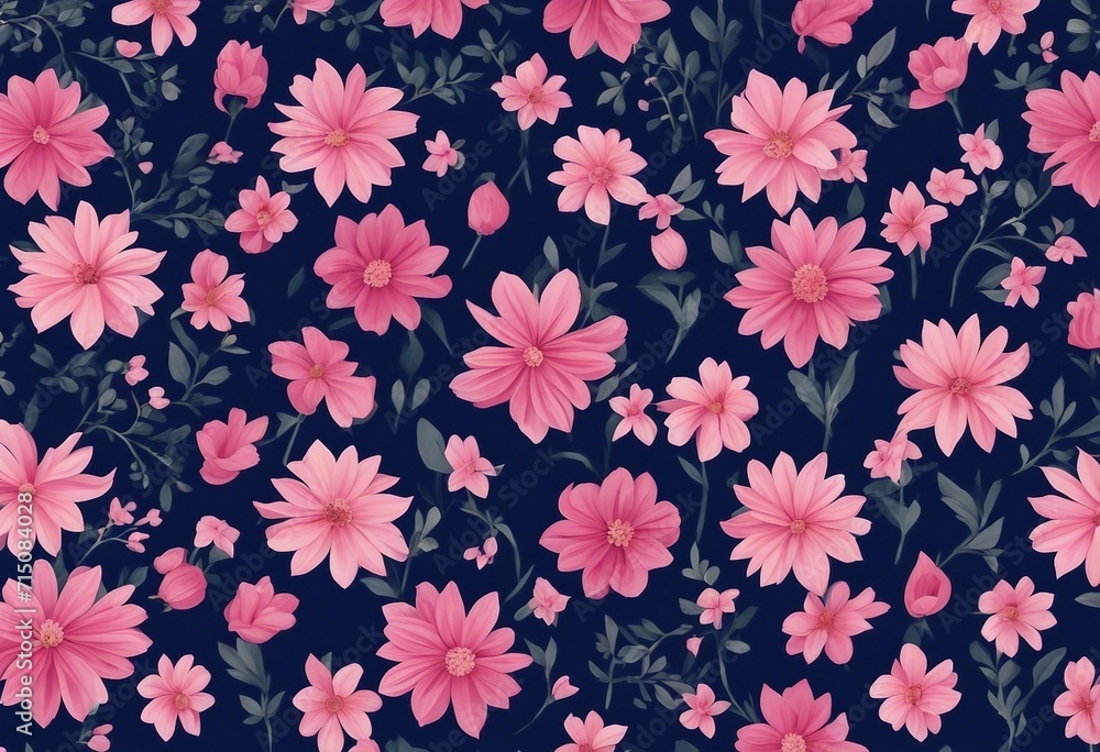 Pink Floral Pattern on a Dark Background Classic Chinese Flower Pattern Pink Black Fabric