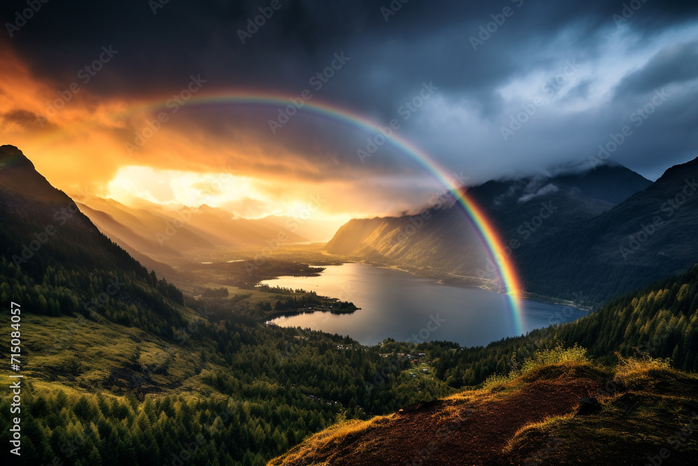 illustration of rainbow over the mountains. Created with Generative AI