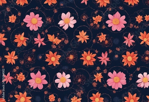 Pink and Orange Floral Pattern on Dark Blue Background with Symmetrical Circular Flowers