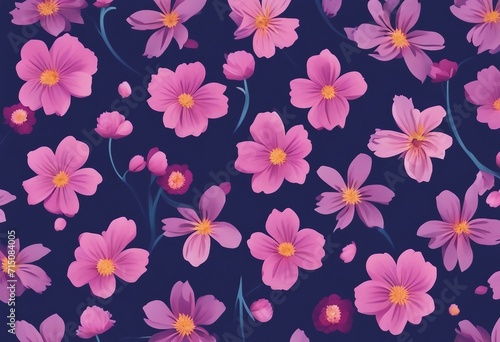 Neon Pink and Purple Floral Pattern on Dark Blue Background