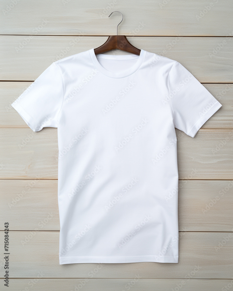 illustration of white t-shirt with white wood wall in background. Created with Generative AI illustration of white t-shirt with white wood wall in background. Created with Generative AI