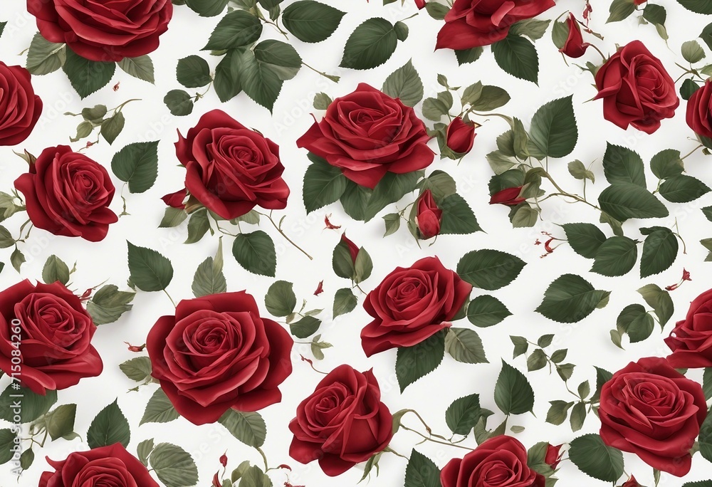 Seamless Pattern of Detailed Red Roses with Rich Petals and Varied Green Leaves on a White Background Seamless Pattern of Detailed Red Roses with Rich Petals and Varied Green Leaves on a White Background
