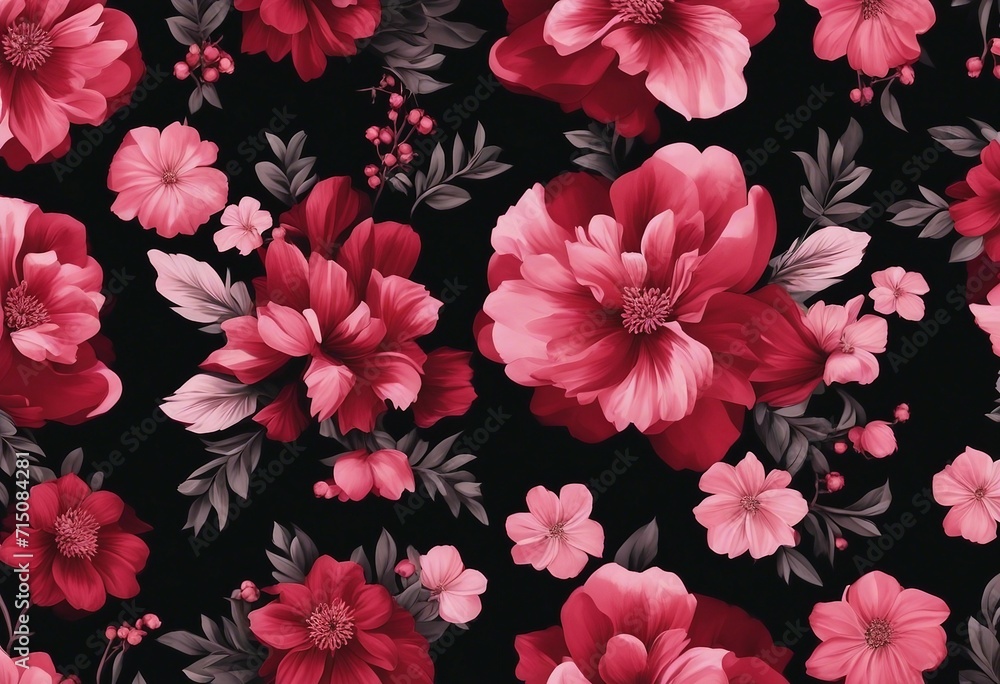 Seamless Red and Pink Floral Pattern on Black Background Bouquets of Flowers Classic Chinese Flower Pattern Red Black Fabric Seamless Red and Pink Floral Pattern on Black Background Bouquets of Flowers Classic Chinese Flower Pattern Red Black Fabric