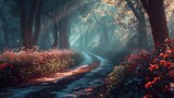A mystical road winding through a vibrant, enchanted forest, bathed in soft, ethereal light. The road beckons towards unknown adventures