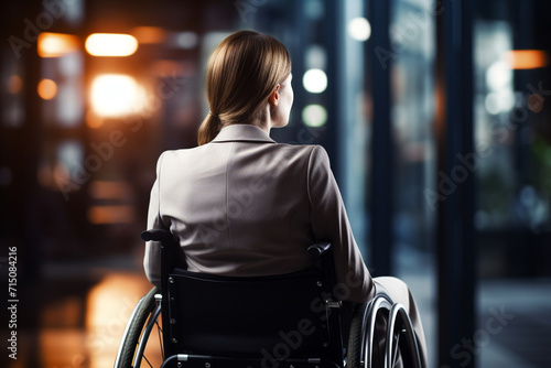 illustration of a businesswoman in wheelchair in office. Created with Generative AI