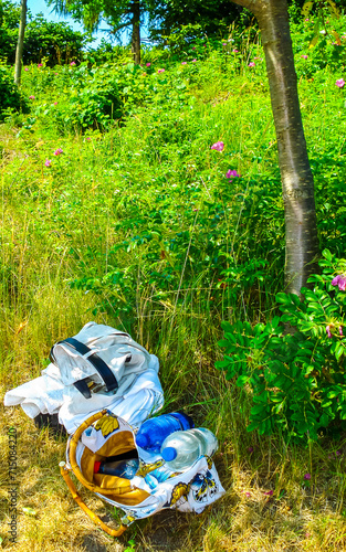 Beach bags and stuff in nature forest in Germany. photo