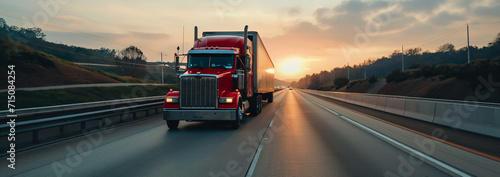 A red semi truck driving on an interstate highway during a vibrant sunrise, showcasing transportation and logistics..