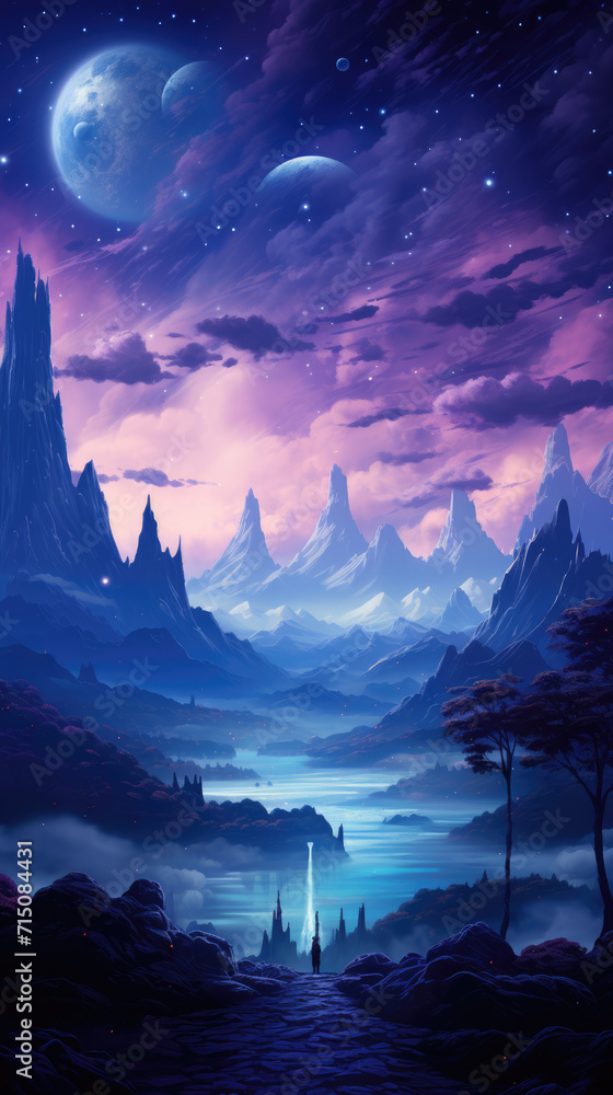 Naklejka premium Fantastic alien landscape, space wallpapers for phone, case design