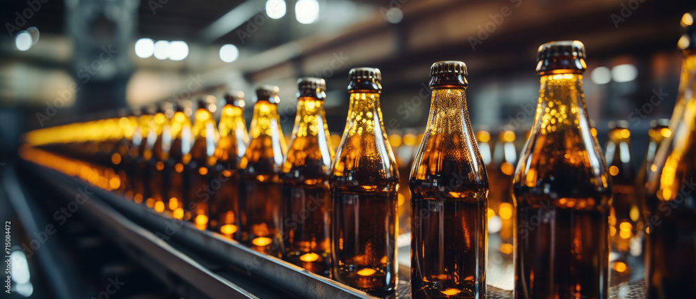 Row of beer bottles on a conveyor belt in a brewery. Horizontal banner Row of beer bottles on a conveyor belt in a brewery. Horizontal banner
