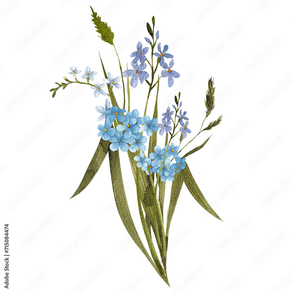 Watercolor hand draw floral bouquet with spring flowers, green grass and leaves, isolated on transparent background, PNG files.