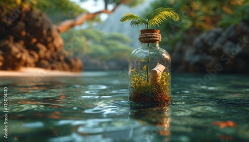 bottle with rolled up letter in it floating in water, generative ai photo