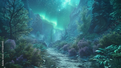 A mystical trail bordered by luminous, otherworldly plants and crystals, under a celestial sky filled with vibrant auroras.