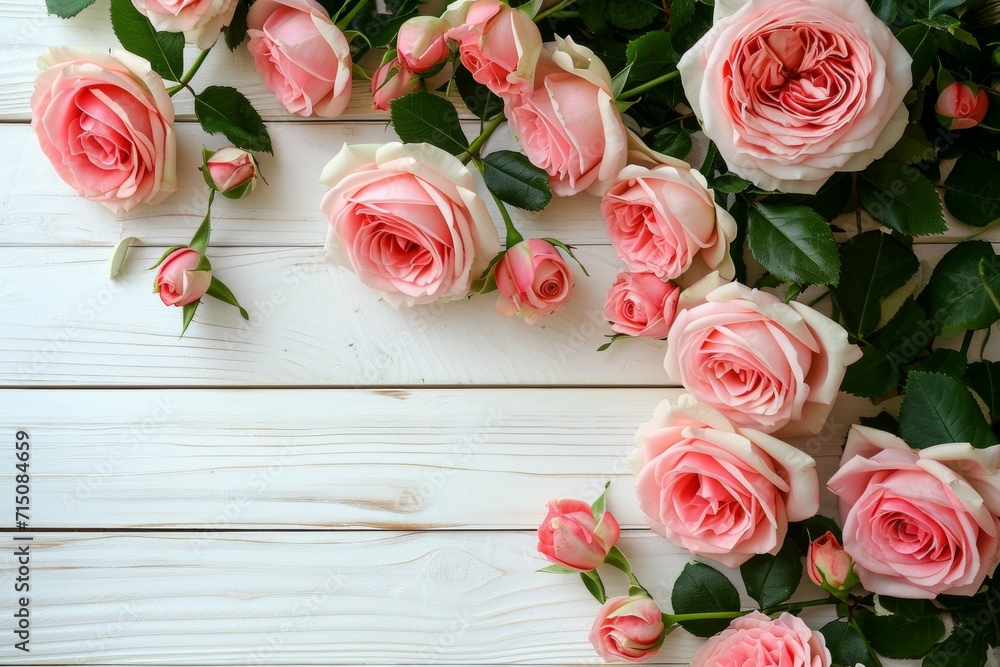 Background with border of white and pink small roses on painted wooden planks. Place for text. Background with border of white and pink small roses on painted wooden planks. Place for text.