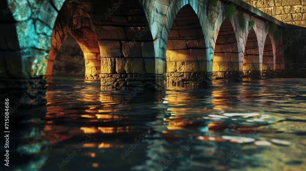 A powerful, concentrated LED beam from beneath the water, spotlighting the central arch of the stone bridge - obrazy, fototapety, plakaty 