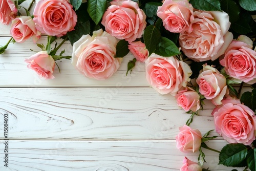Background with border of white and pink small roses on painted wooden planks. Place for text. © Werckmeister
