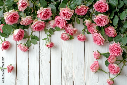 Background with border of white and pink small roses on painted wooden planks. Place for text. © Werckmeister