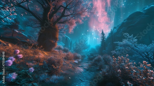 A mystical trail bordered by luminous, otherworldly plants and crystals, under a celestial sky filled with vibrant auroras.
