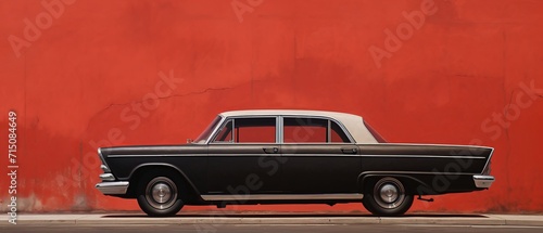 A black retro car on a red wall background in a minimal style