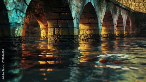 A powerful, concentrated LED beam from beneath the water, spotlighting the central arch of the stone bridge photo