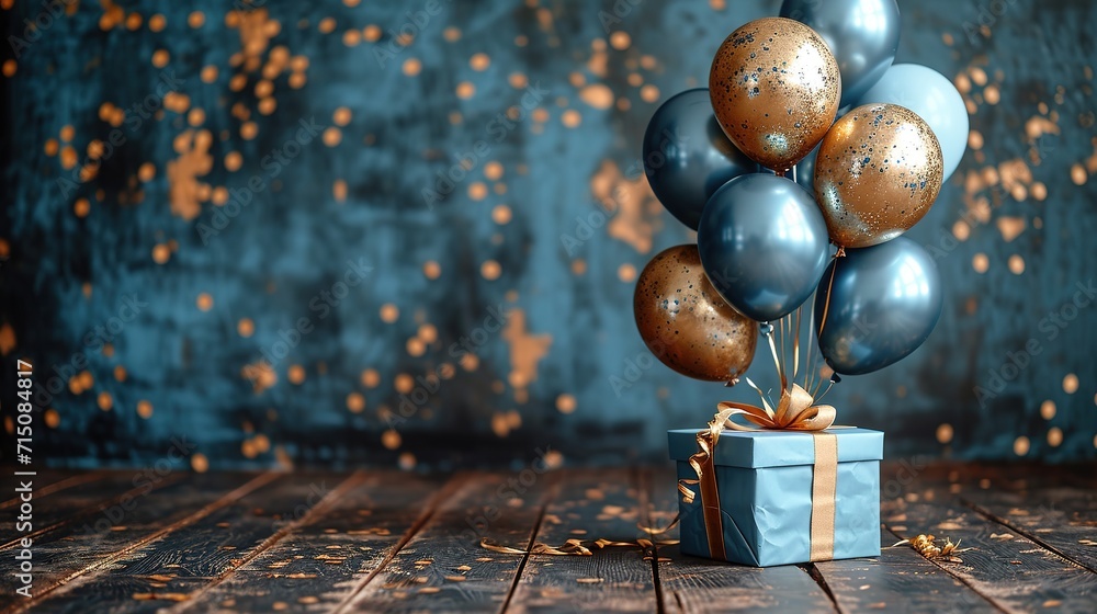 Fototapeta premium bright gift box with ribbon and balloon on a dark blue background. minimal christmas new year concept