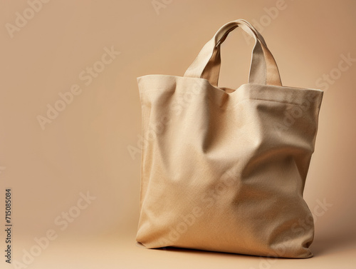 Beige fabric eco shopping bag. Copy space. Close up.