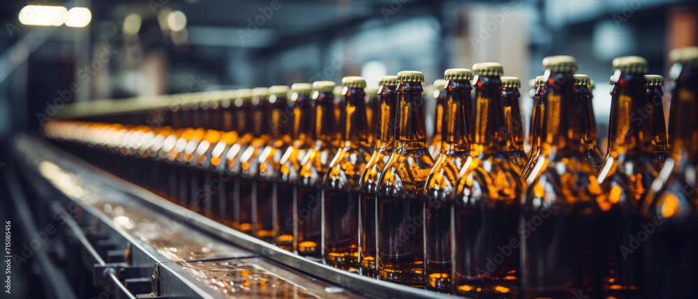 Row of beer bottles on a conveyor belt in a brewery. Horizontal banner