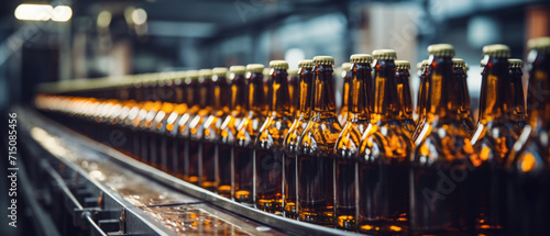 Row of beer bottles on a conveyor belt in a brewery. Horizontal banner