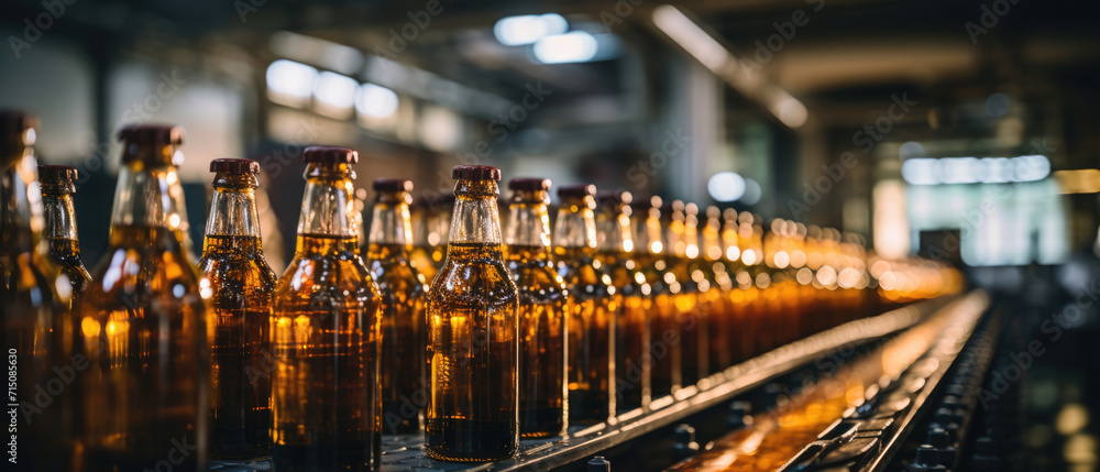 Row of beer bottles on a conveyor belt in a brewery. Horizontal banner Row of beer bottles on a conveyor belt in a brewery. Horizontal banner
