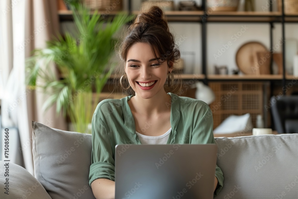 Fototapeta premium Beautiful woman using digital tablet and smiling while sitting at her working place in office