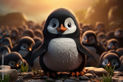  a penguin sitting on a rock in the middle of a field of rocks with a group of penguins in the background. photo