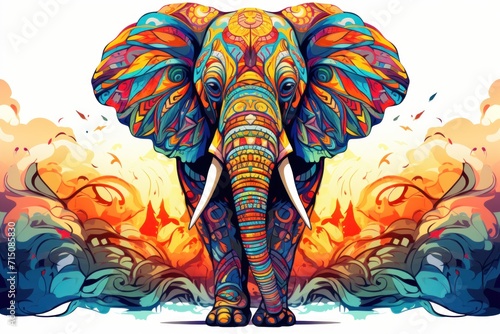  a colorful elephant with tusks standing in front of a white background with a splash of paint on it. photo