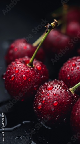water droplets on red cherries, black background