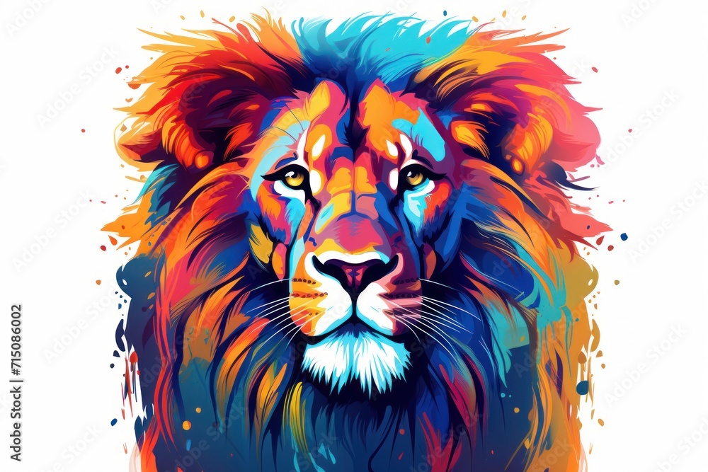  a painting of a lion's face with colorful paint splattered on it's face and a white background.