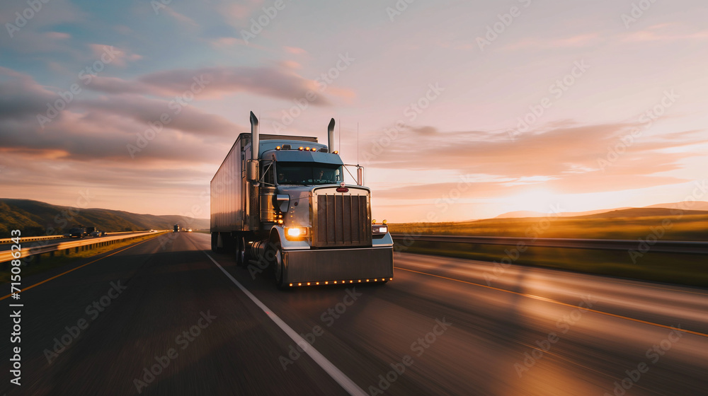 Big rig trucking at dusk, transport logistics, highway travel, sunset