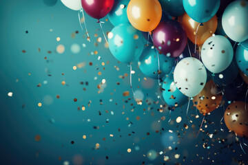 Colorful balloons and confetti on a blue, birthday, holiday or party background