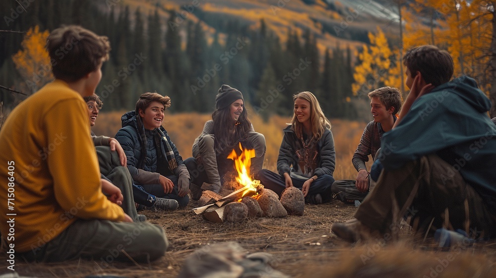 A group of teens laughing around a campfire, generative ai.