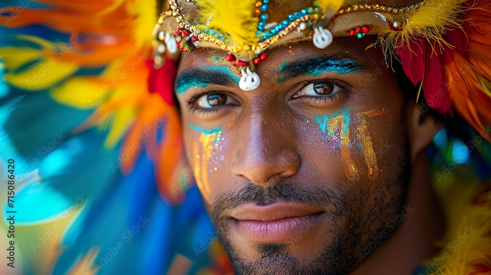 Man decorated for the Brazilian carnival full of vibrant colors and engaging energy. Decorated face of a handsome man with exuberant charm for the carnival festivities.