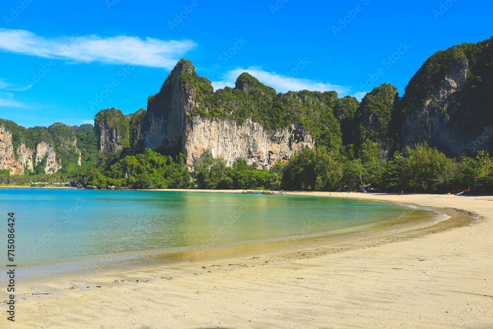 Beautiful Railay beach with blue sky in summer, Krabi Andaman sea Thailand