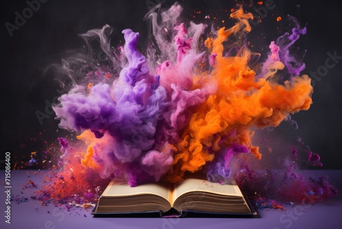  an open book with colored smoke coming out of it on top of a purple surface with purple and orange smoke coming out of it.