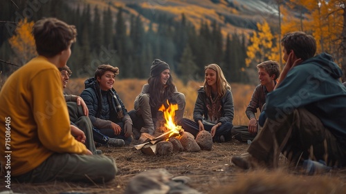 A group of teens laughing around a campfire, generative ai. © Suralai