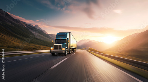 Highway trucking in sunset glow, cargo transport, logistics and freight, speedy delivery, road journey, commercial truck, industry, dusk, travel. photo