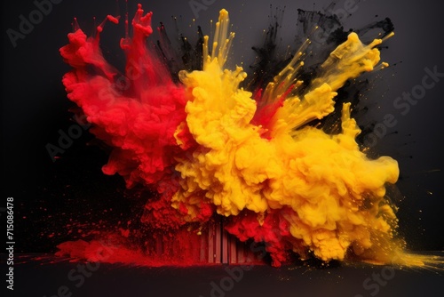  a red  yellow  and black colored substance is mixed with a red and yellow object on a black background.