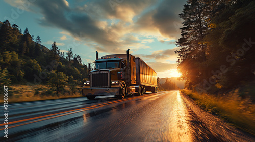 Morning haul with a blue semi-truck on a picturesque mountain road, glowing sunrise, logistics and freight, highway journey, commercial transport photo