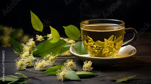 Cup of herbal tea with linden flowers on dark background