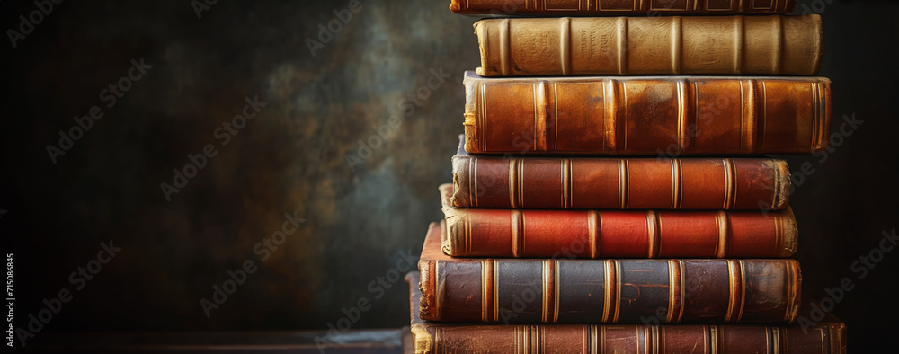 Banner or header image with stack of antique leather books in library. literature or reading concept. - obrazy, fototapety, plakaty 